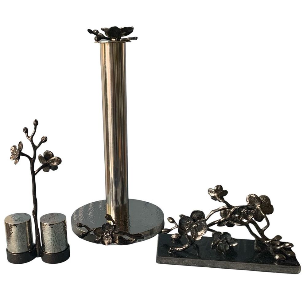MICHAEL ARAM Black Orchid Paper Towel Salt Pepper Napkin Holder SET LOT 3 piece